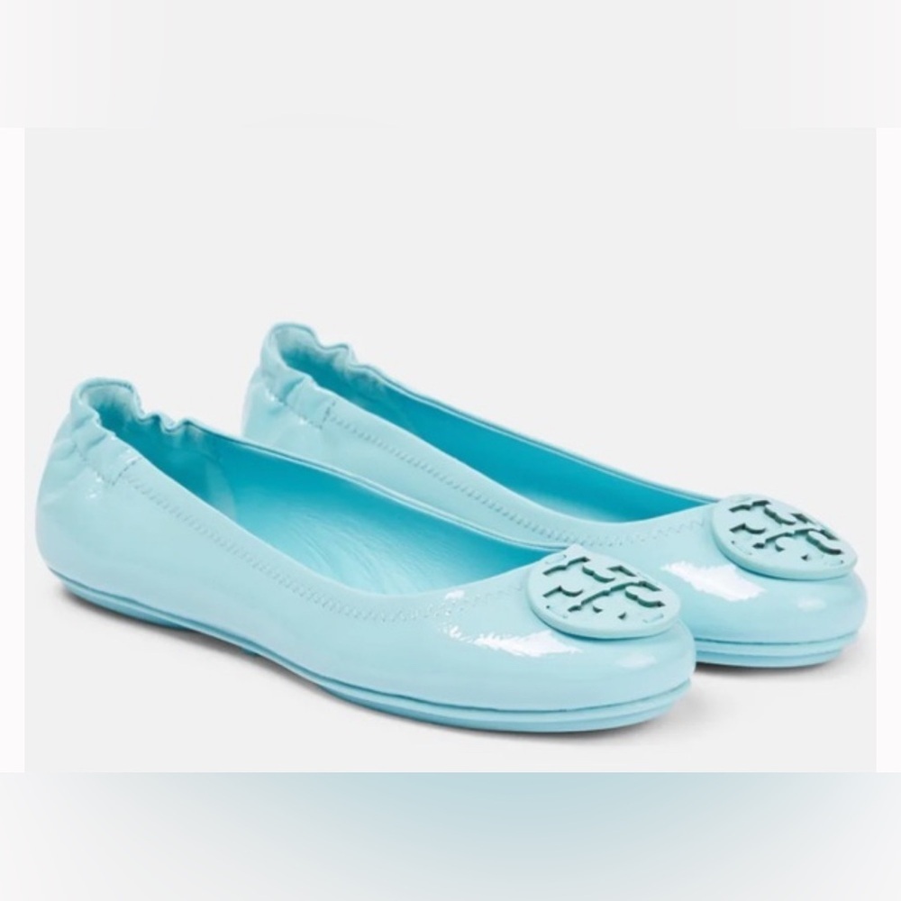 Tory Burch MINNIE TRAVEL BALLET FLAT Leather Island Blue Sz 7.5